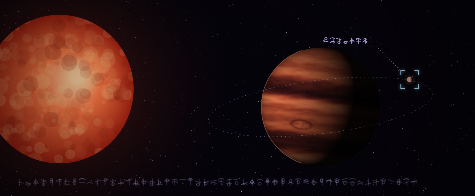 A red star and a banded giant planet, with alien writing and a target marked on a small moon