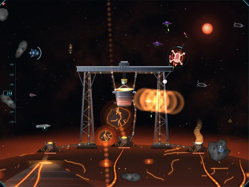 A drone fighting the Crucible, a gantry carrying a pot of molten metal