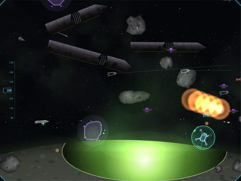 Derelict hulls over a glowing green crater