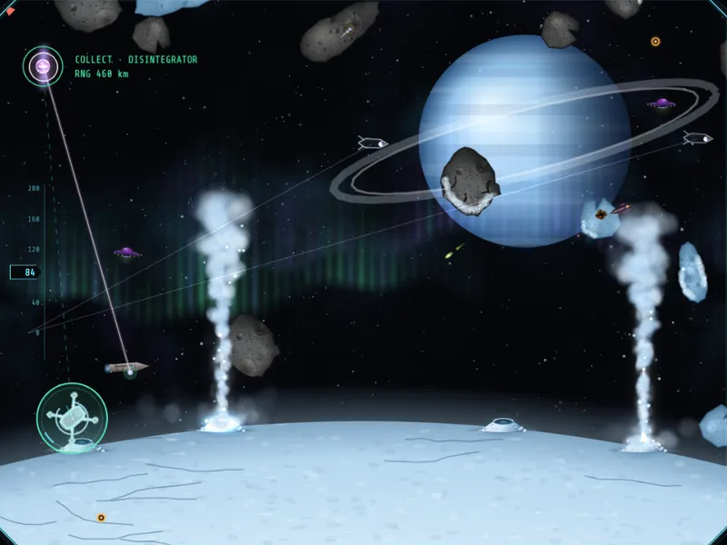 Geysers erupting on an ice moon under a ringed giant