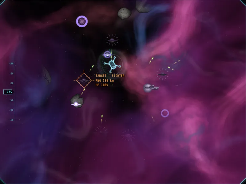A drone fighting alien ships inside a pink and violet nebula