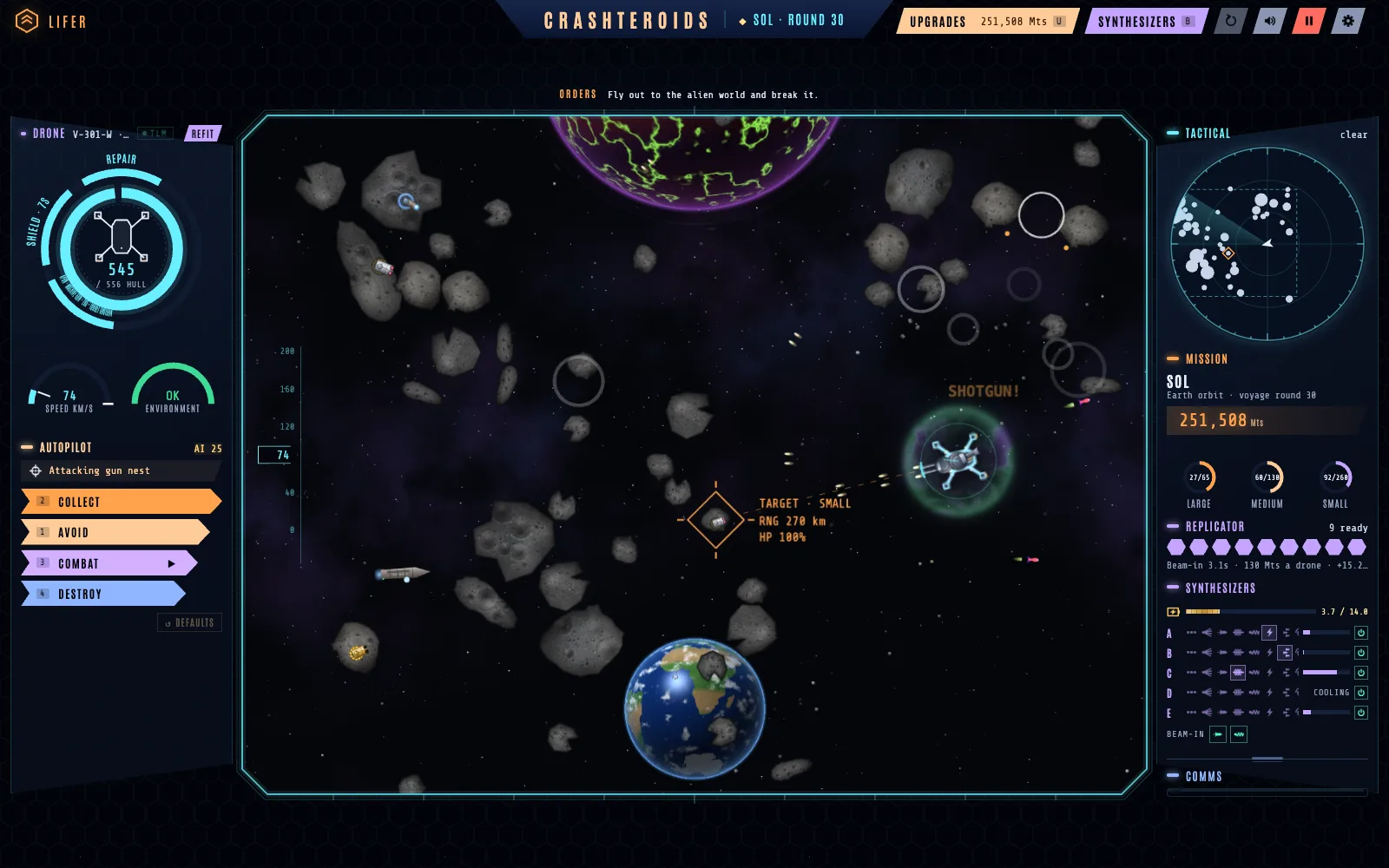 A drone fighting through a storm of asteroids above Earth, with the cockpit panels around the field